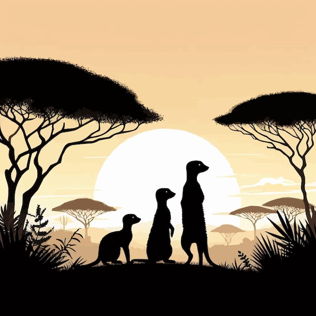 Vettore silhouette della famiglia dei suricati vettori liberi nella foresta della savana