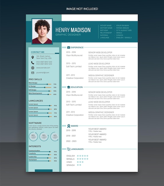 Free vector minimalist cv template with photo space