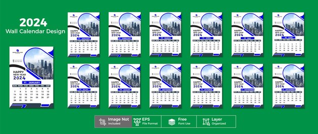 Вектор Бесплатный шаблон календаря vector modern creative 2024 для использования в бизнесе или офисе