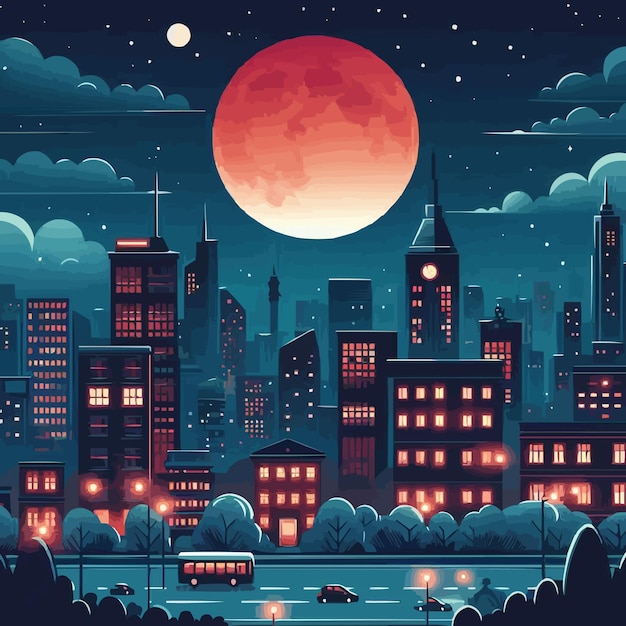 Free Vector a night city view with red moon