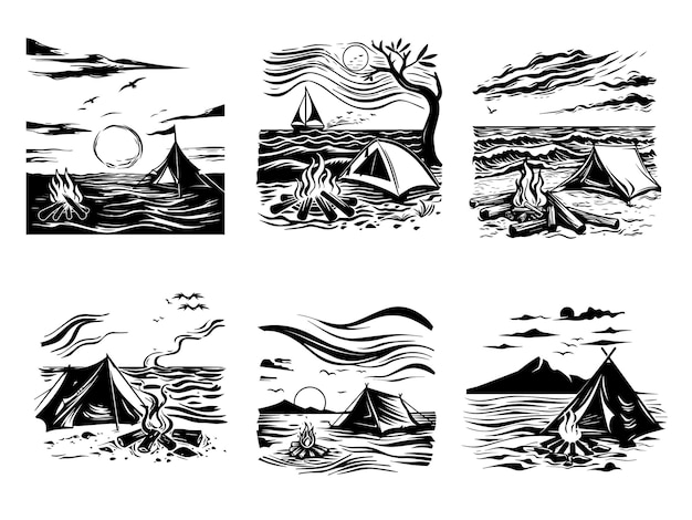 Free vector outdoor camping hiking nature mountain river illustration set