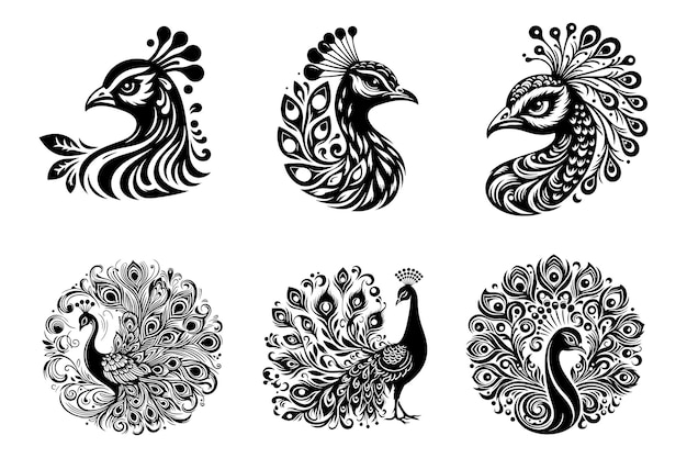 Vector free vector peacock bird silhouette style line art illustration