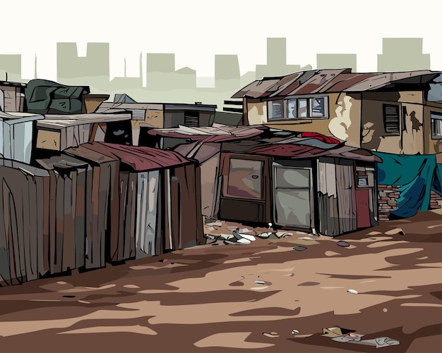 Vector free vector postapocalypse city cartoon with empty destroyed living buildings illustration