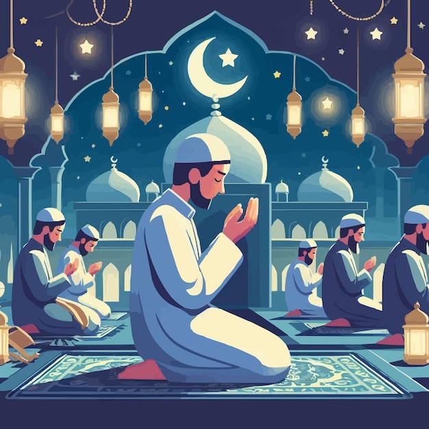Vettore gratuito la luna nascente del mese di ramadan e pregando mese sacro