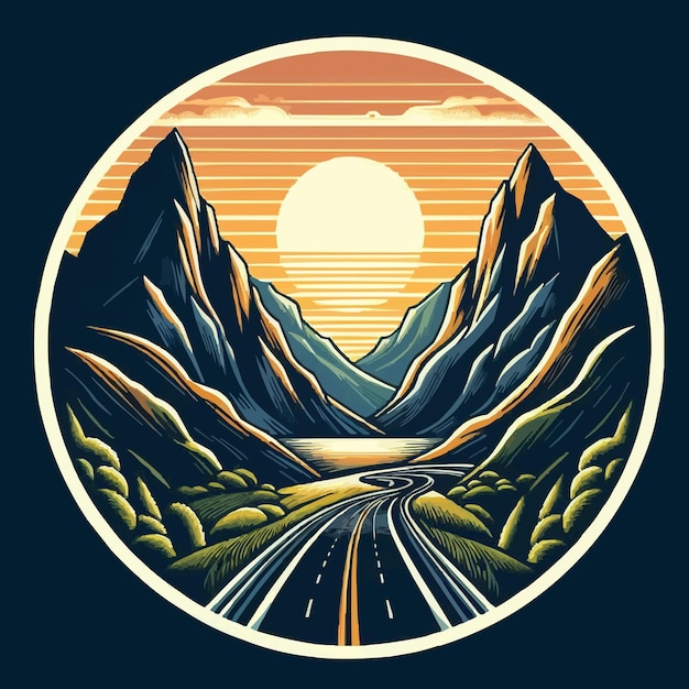 Free vector the road between the mountains on both sides and the sunset