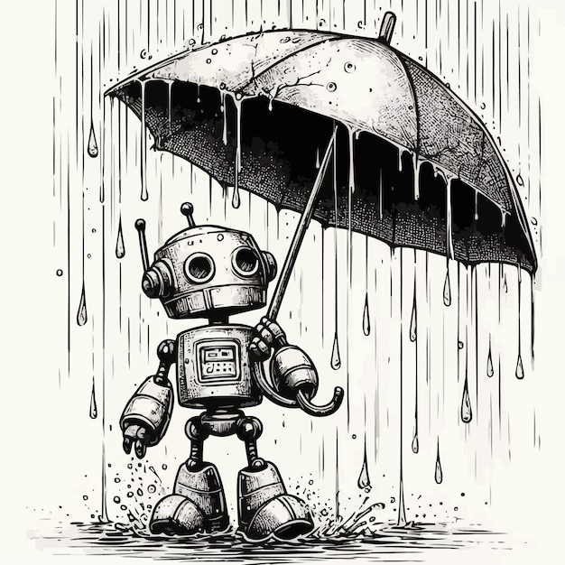 Вектор Свободный векторный робот с зонтиком в черниле дождя