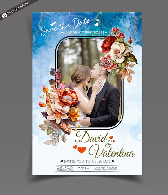 Vettore biglietto d'invito per matrimonio romantico vettoriale gratuito con bellissimo sfondo effetto acquarello floreale