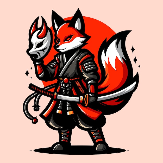 Free Vector Samurai with sword and helmet Vector illustration of a cartoon character FOX KITSUNE