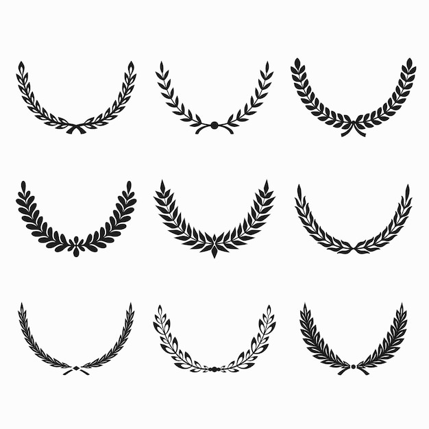 Vector free vector set of black and white silhouette circular laurel leaves and wheat wreaths