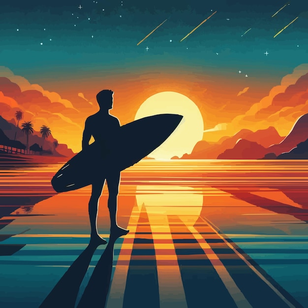 Vector free vector shadow man hold a surfboard beach sunset landscape background