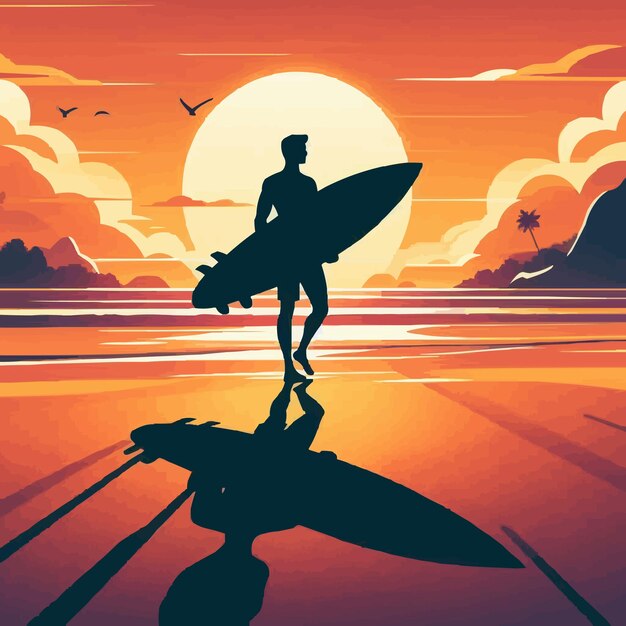 Free vector shadow Man hold a surfboard Beach sunset landscape background