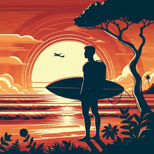 Vettore ombra vettoriale libera uomo tiene una tavola da surf paesaggio sul fondo del tramonto sulla spiaggia