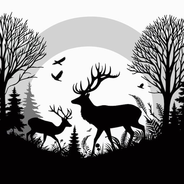 Vector free vector silhouette deer in nature white background