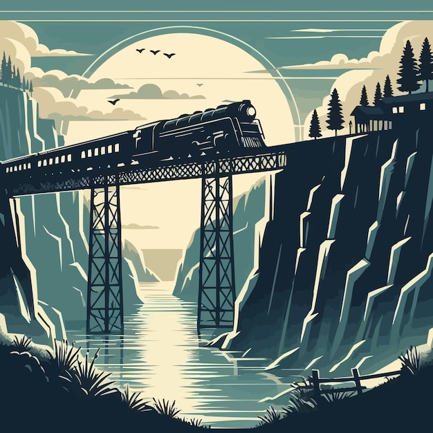 Vettore vettore libero disegno di silhouette di un treno che passa sulla scogliera vicino al ponte illustrazione vettoriale