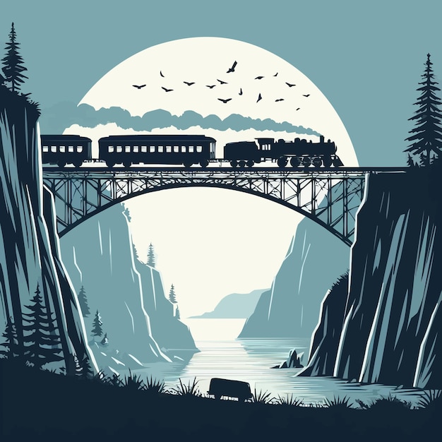 free vector Silhouette design of train passing cliff by the bridge vector illustration