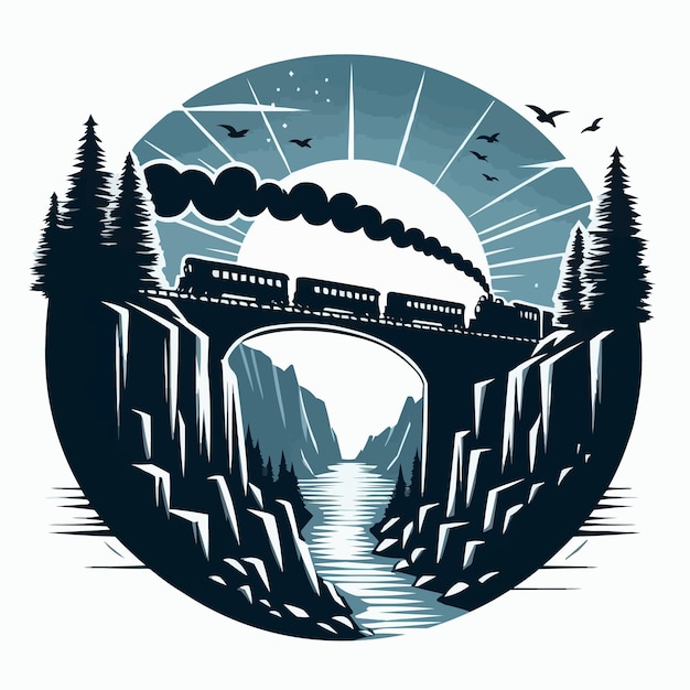 Vector free vector silhouette design of train passing cliff by the bridge vector illustration