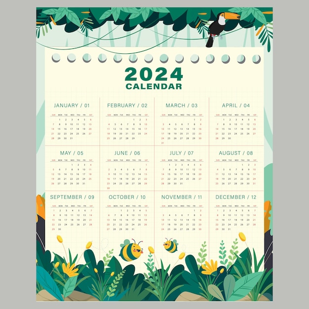 Vector free vector stylish 2024 new year calendar template with fluid design vector