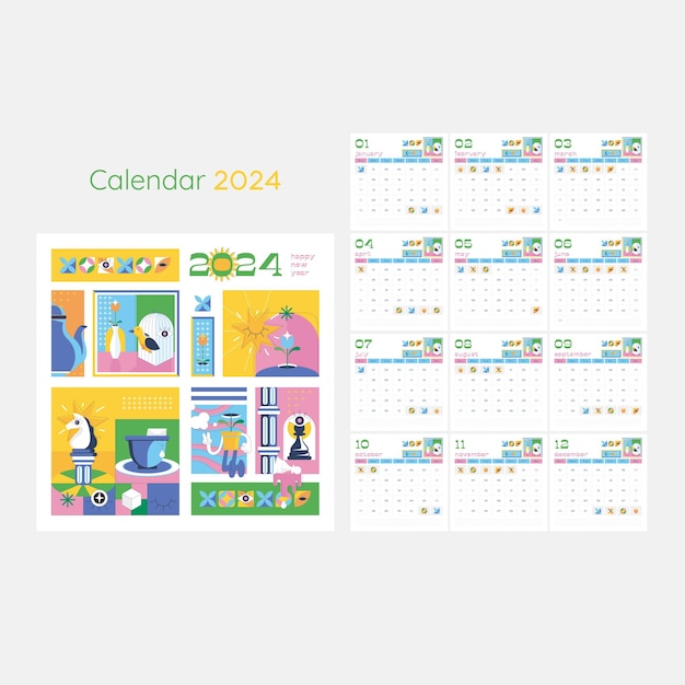 ベクトル フリーベクトルスタイリッシュな2024年新年カレンダーテンプレートと流動的なデザインベクトル