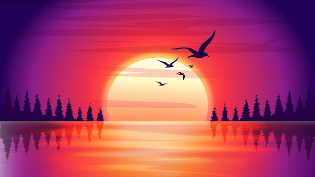 Vettore illustrazione di free vector sunset lake