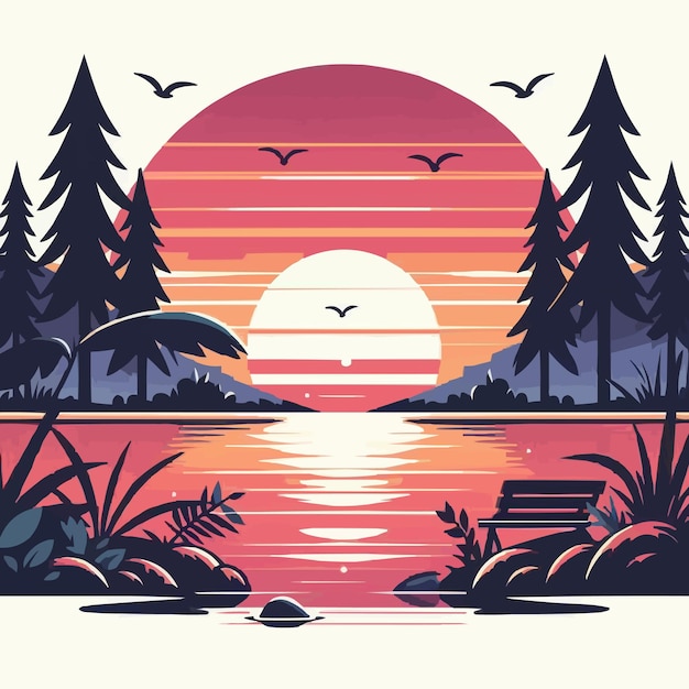 free vector Sunset and silhouettes of trees in the mountains