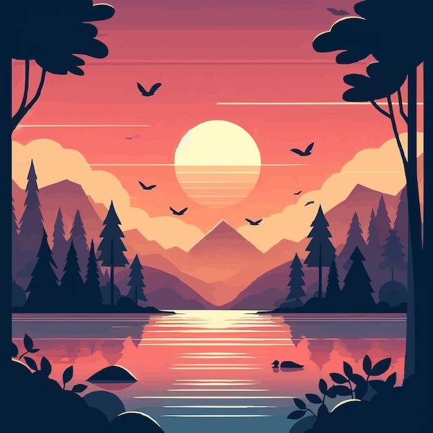 Vector free vector sunset and silhouettes of trees in the mountains