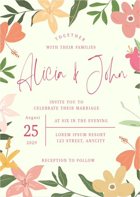 free vector template wedding invitation cute floral illustration cartoon minimalist pastel flower