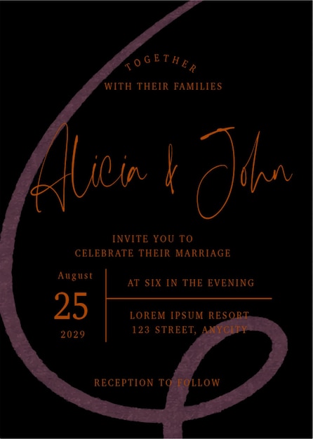 Vector free vector template wedding invitation mockup black background with watercolor streak