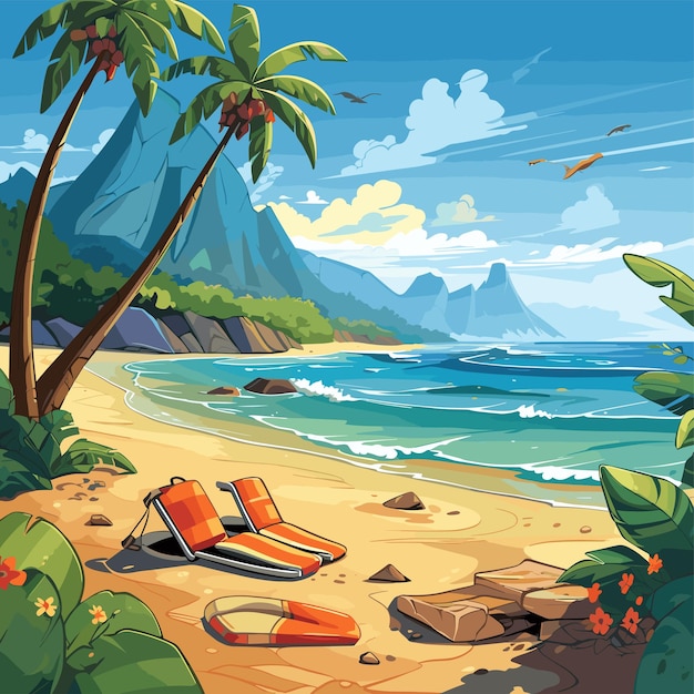 Vector free vector tropical beach with flipflops and beach equipment