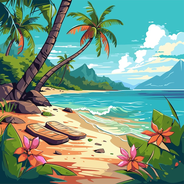 Vector free vector tropical beach with flipflops and beach equipment