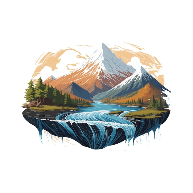 나무와 떨어지는 물이 있는 산의 티셔츠 디자인 그림의 무료 벡터