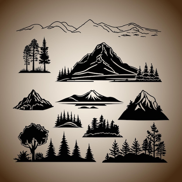 Free vector vintage trees and forest silhouettes set