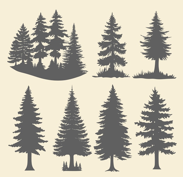 Free vector vintage trees and forest silhouettes set