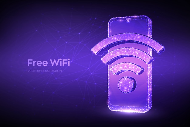 無料のwifiの概念。 wi-fi記号の付いた抽象的な低多角形スマートフォン。