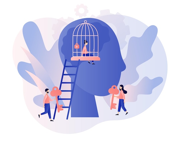 Vector freedom concept tiny woman in cage mind psychological prison somfort zone metaphor inner prison