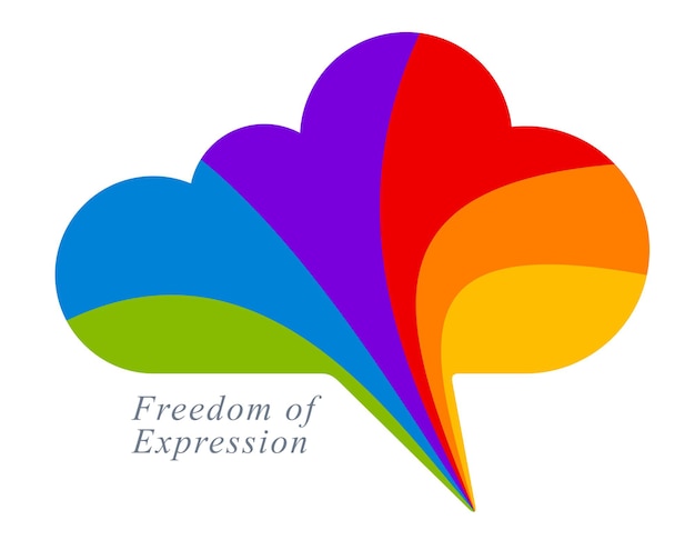 Freedom of expression vector concept shown with speech bubble in a shape of cloud and different colors of rainbow, opinion diversity, express yourself.