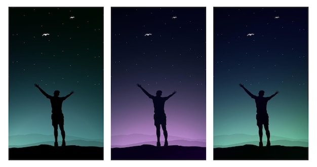 freedom man walpaper for phone. night sky with stars. freedom. silhouette of a person in the night.