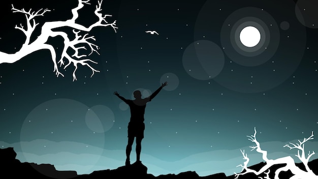 Vector freedom, person standing in front of sun with arms out, silhouette of a person in the night