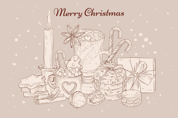 Freehand Christmas illustration, sweets and holiday attributes. Greeting card design with holiday elements