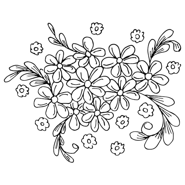 Freehand drawing of black and white flowers and leaves Vector drawing for a coloring book