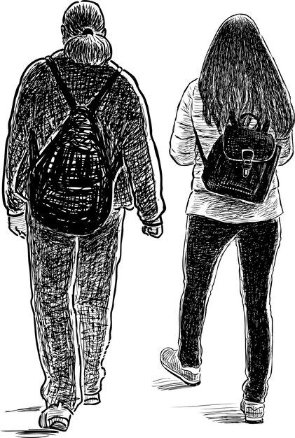 Vettore disegno a mano libera di una coppia di giovani cittadini moderni che camminano per una passeggiata