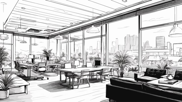 Vector freehand drawing of open space or coworking with large windows and contemporary design