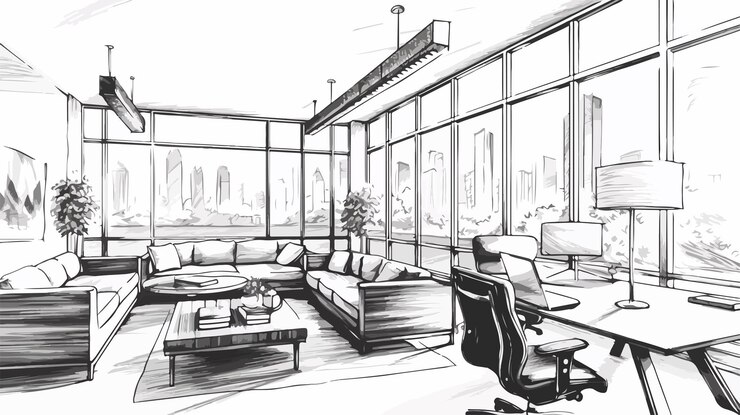 Vector freehand drawing of open space or coworking with large windows and contemporary design