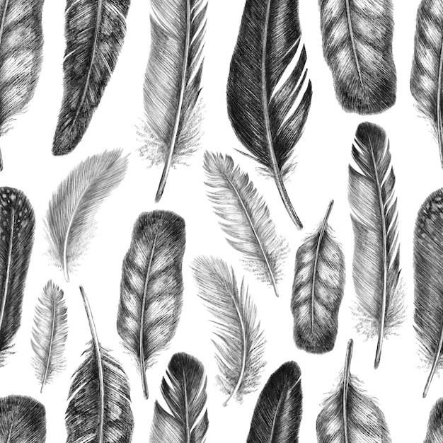 Freehand drawing quill of  feathers birds. tribal seamless pattern.