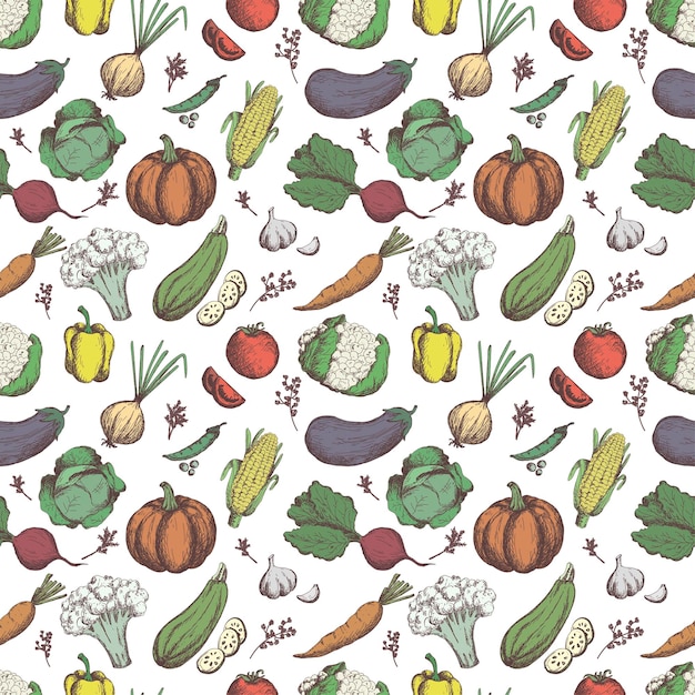 Freehand drawing vegetables. Vegetables seamless pattern. Linear graphic. Vegetables background. scatch style. Healthy food pattern. Vector illustration