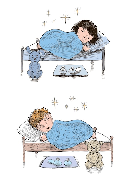 벡터 침대에서 자고 있는 어린 아이들의 자유형 그림