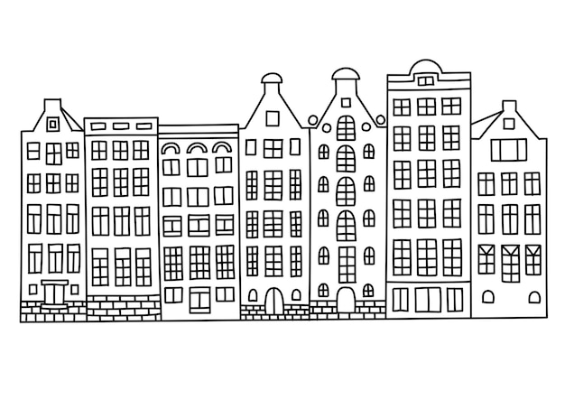 Disegnato a mano a mano libera amsterdam paesi bassi city building doodle art. vettore premium.