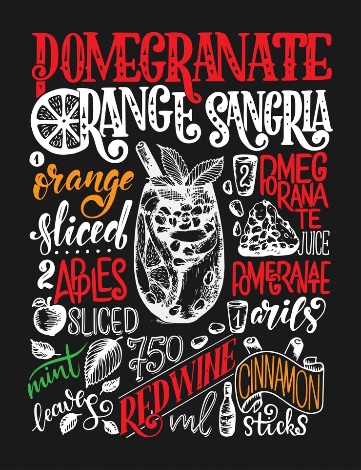 वेक्टर freehand sketch style drawing of pomegranate orange sangria, cocktail glass, various fruits and hand written lettering.
