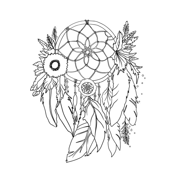 Vector freehand vector illustration sleep catcher boho element feathers blank for the designer postcar