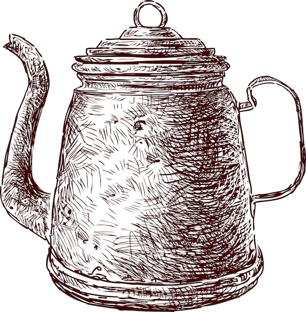 Freehnad drawing of old copper tea pot