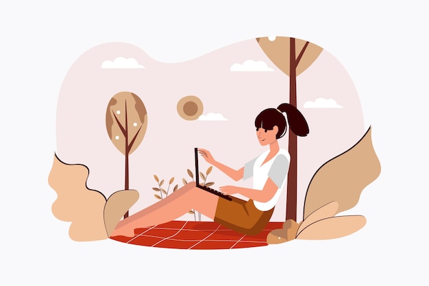 Freelance concept with people scene in the flat cartoon style girl works on a laptop outdoors and does freelance work earning money for living vector illustration